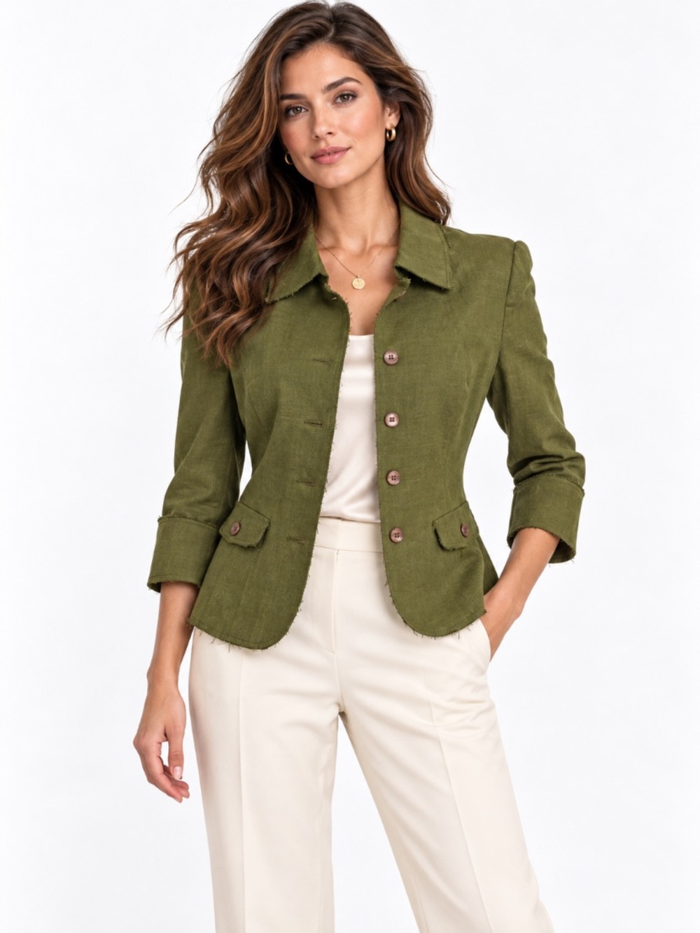 Norton McNaughton Classic Olive Green Linen Blend Button Front Jacket Size 12